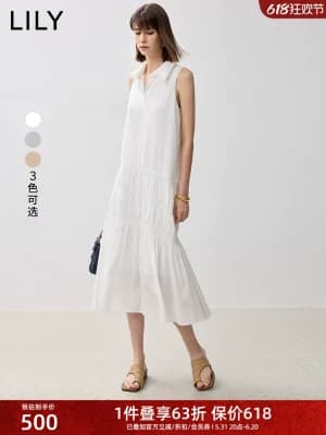 花花家2024夏新款宽松垂顺褶皱裙POLO领优雅气质款无袖时慛连衣裙