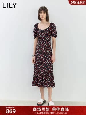 【商场同款】花花家 2024夏新款裙子女装复古浪漫满印碎花连衣裙女